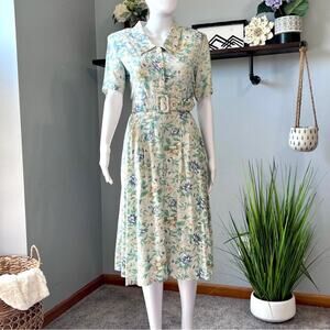 BROOKS ATELIER Vintage 80s 90s Belted Linen Floral Skirt Set  Size 7 Medium